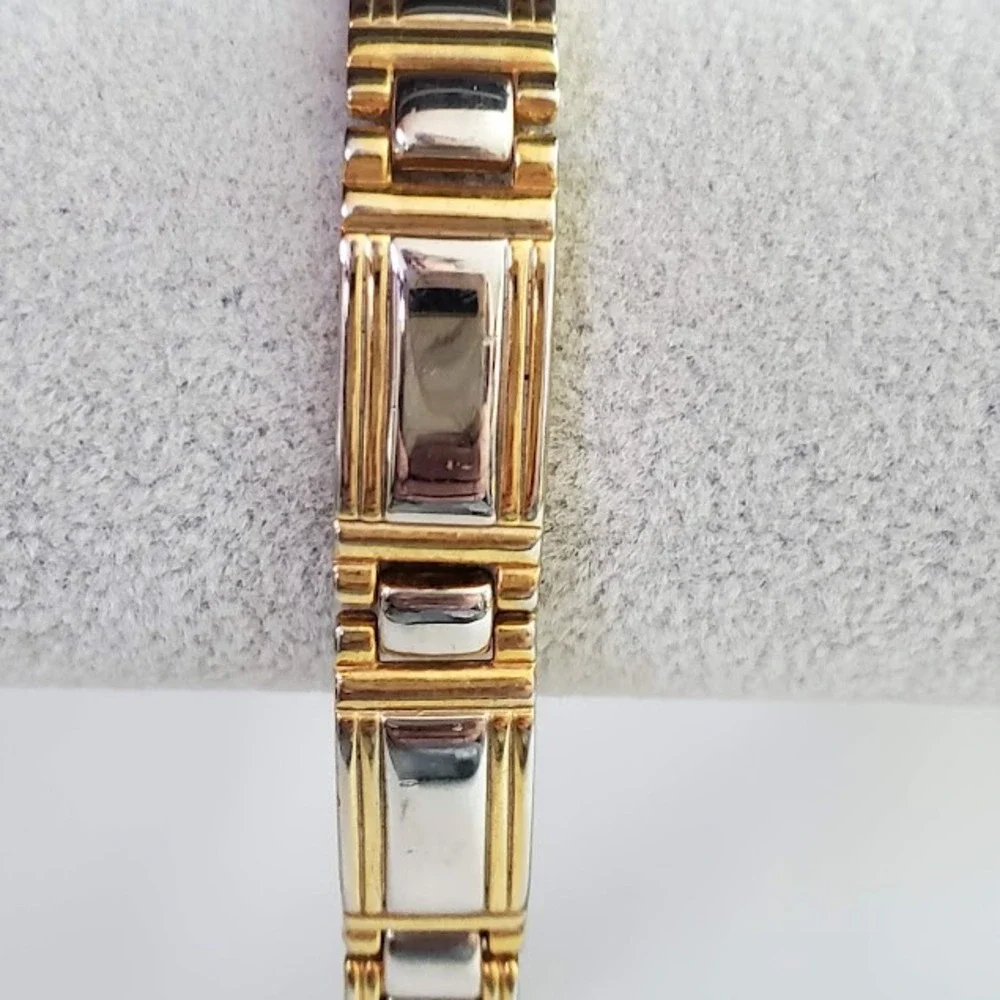 Gold Tone Two-Tone Link Bracelet Silver Inlay Magnetic Therapy Style 7.5